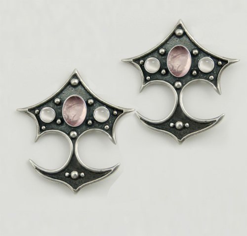Sterling Silver Gothic Drop Dangle Earrings With Rose Quartz And White Moonstone Sterling Silver Gothic Drop Dangle Earrings With Rose Quartz And White Moonstone